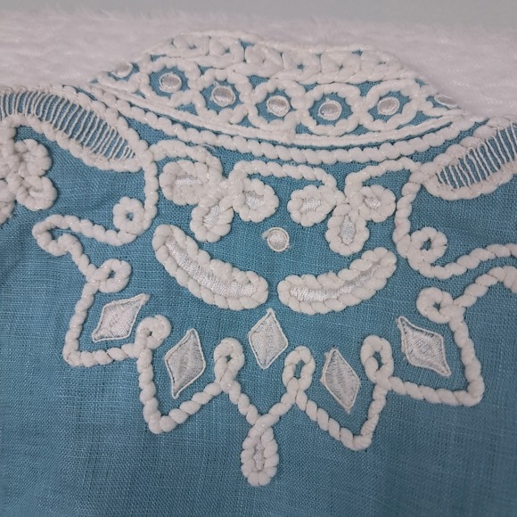 Bella Tu Ceci Jacket Womens XS Light Blue Hand Embroidered Linen Vacation Resort - Picture 12 of 14